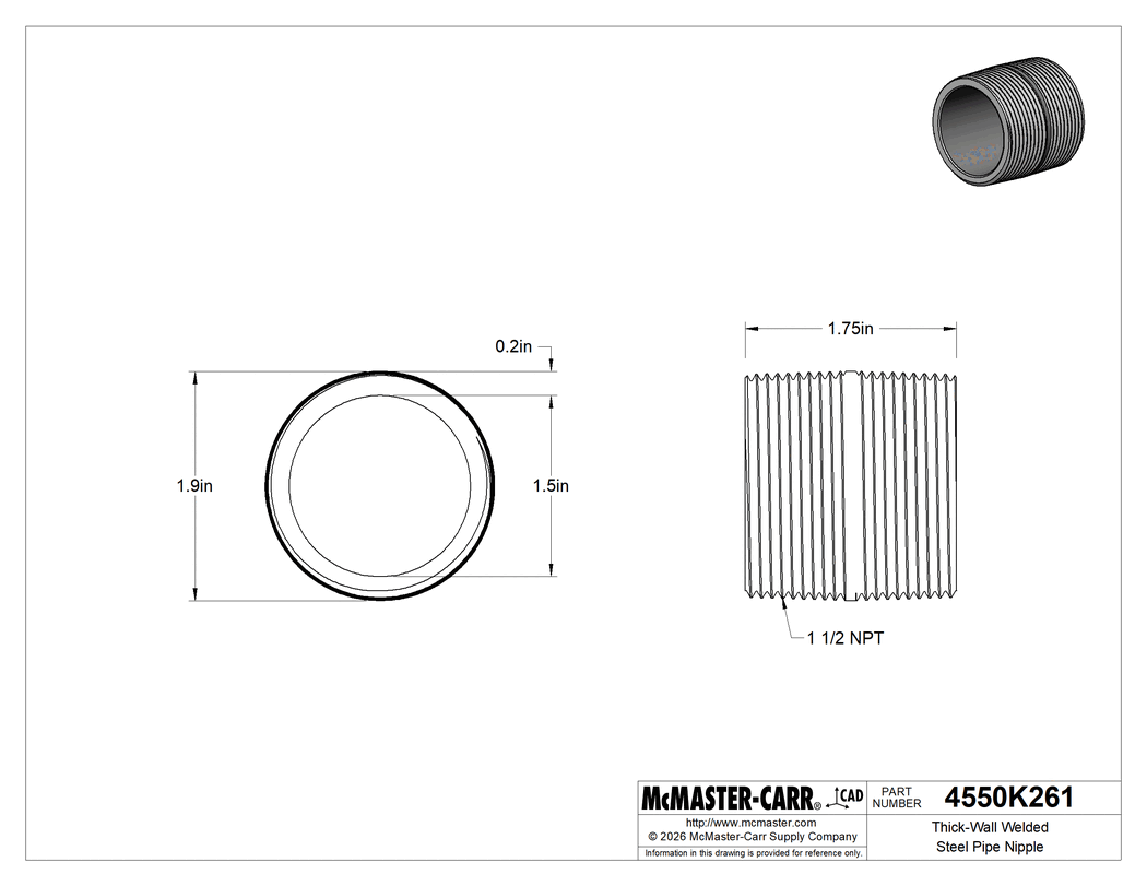 Technical Drawing of Thick-Wall Welded Steel Pipe Nipple, Fully Threaded, 1-1/2 Pipe Size.